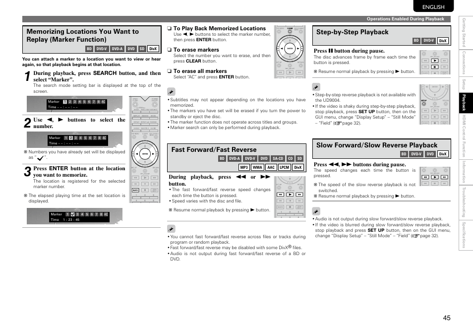 Fast forward/fast reverse, Step-by-step playback, Slow forward/slow reverse playback | Marantz UD9004 User Manual | Page 49 / 73