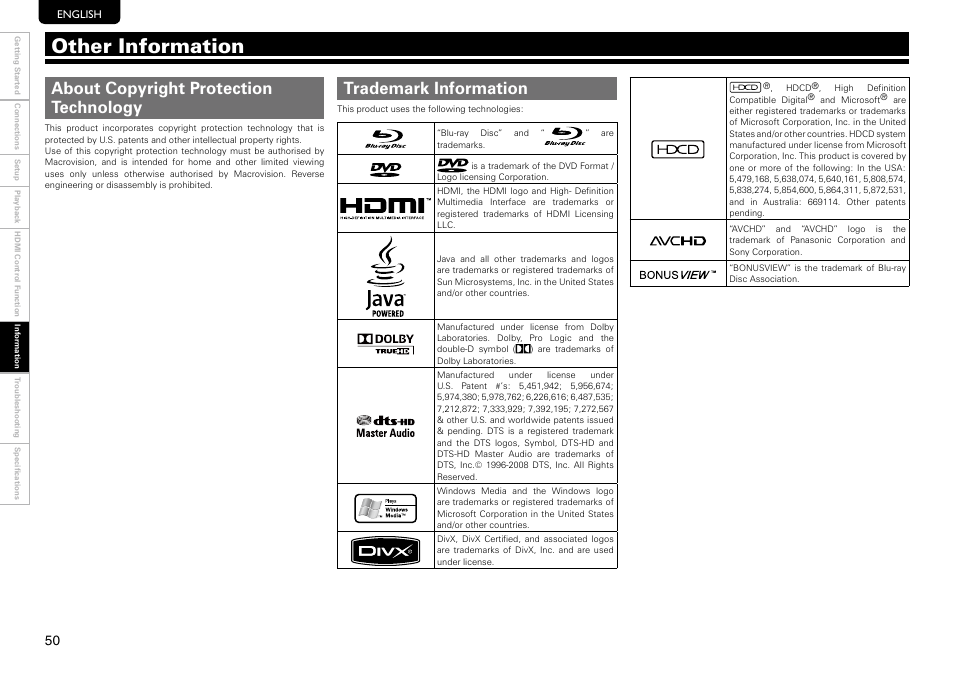 Other information | Marantz UD9004 User Manual | Page 54 / 73