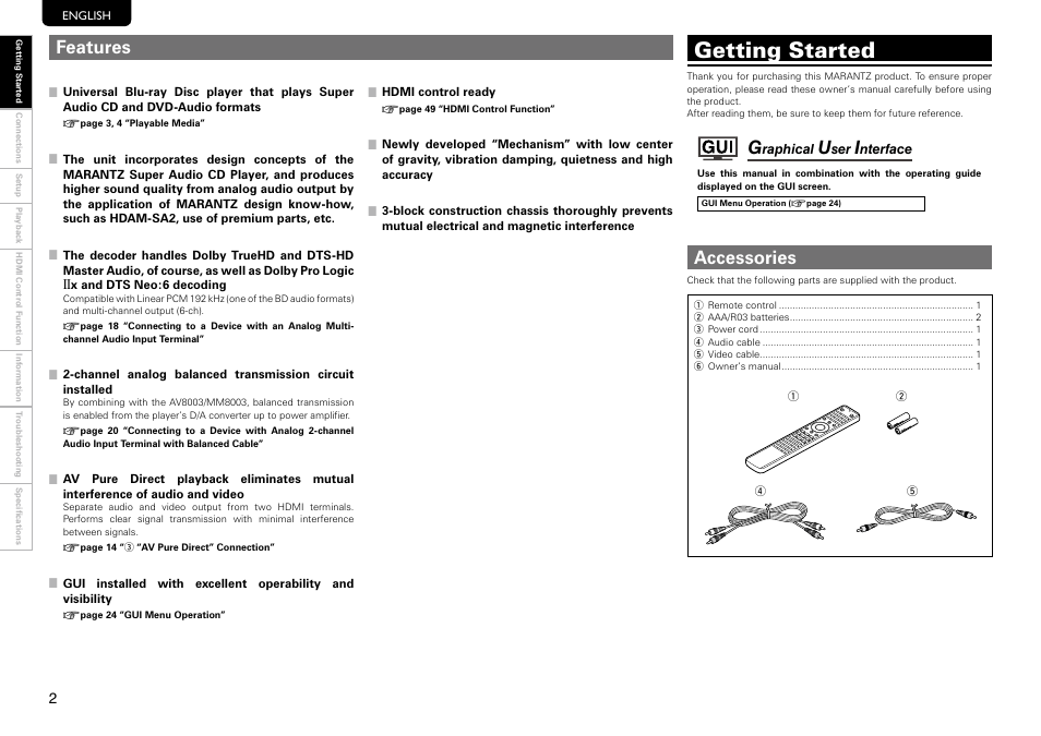 Getting started, Features, Accessories | Marantz UD9004 User Manual | Page 6 / 73