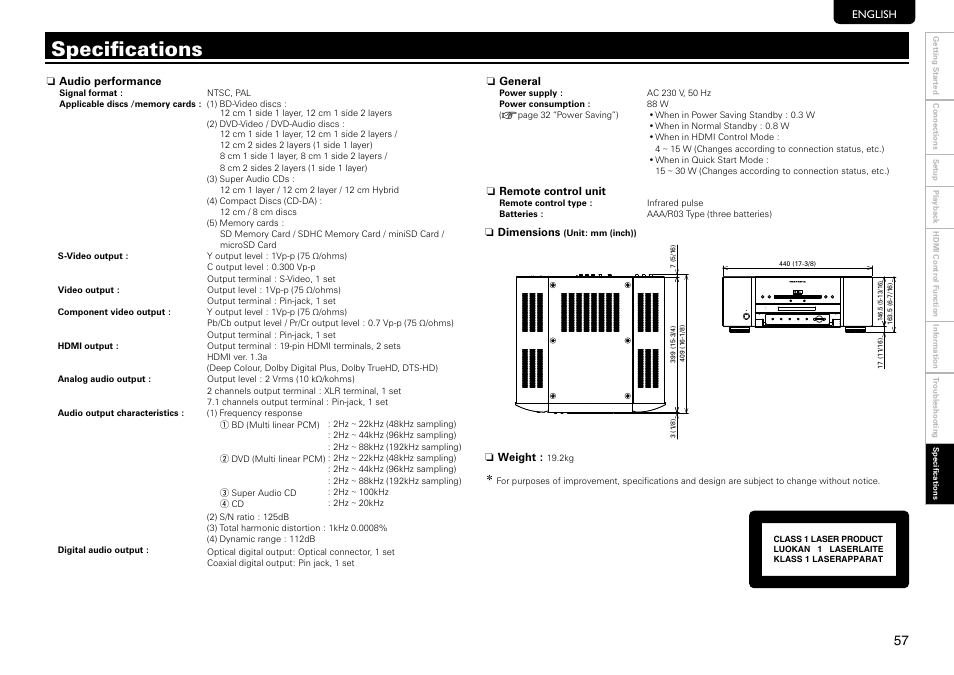 Specifications | Marantz UD9004 User Manual | Page 61 / 73