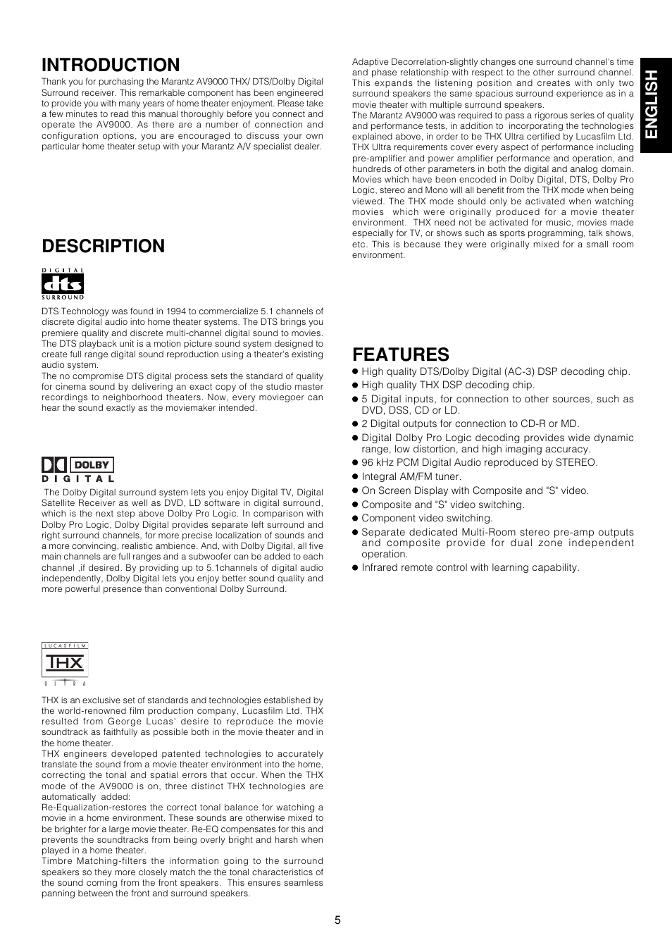 Introduction, Description, Features | English | Marantz AV9000 User Manual | Page 10 / 41