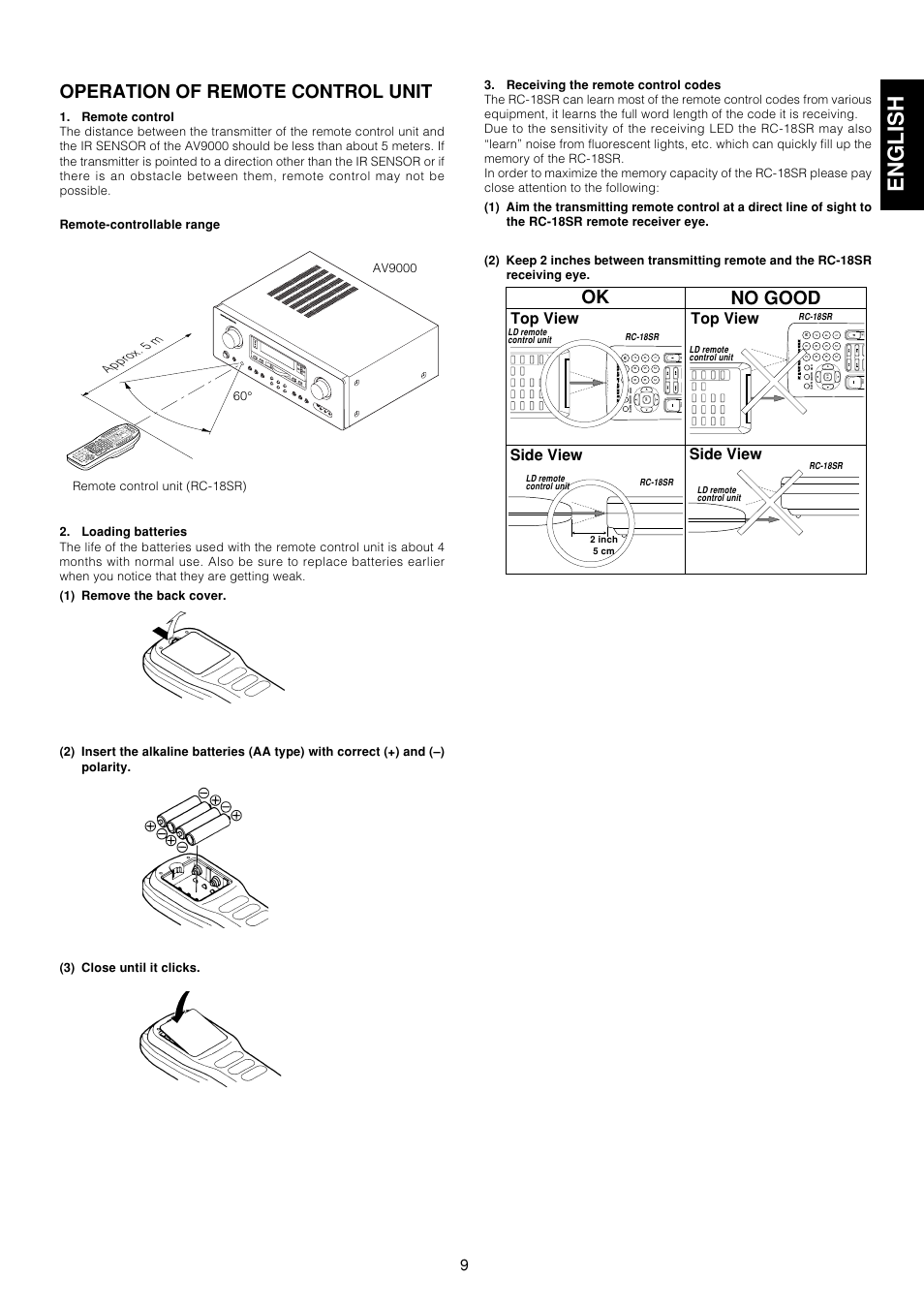 English, Operation of remote control unit, Ok no good | Side view, Side view top view top view | Marantz AV9000 User Manual | Page 14 / 41