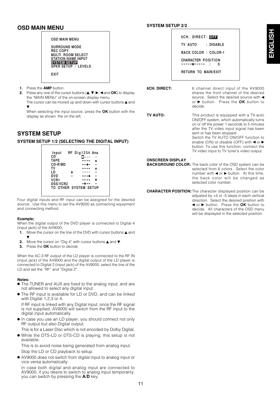 English, Osd main menu, System setup | Marantz AV9000 User Manual | Page 16 / 41