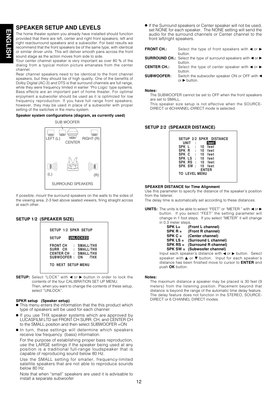 English, Speaker setup and levels | Marantz AV9000 User Manual | Page 17 / 41