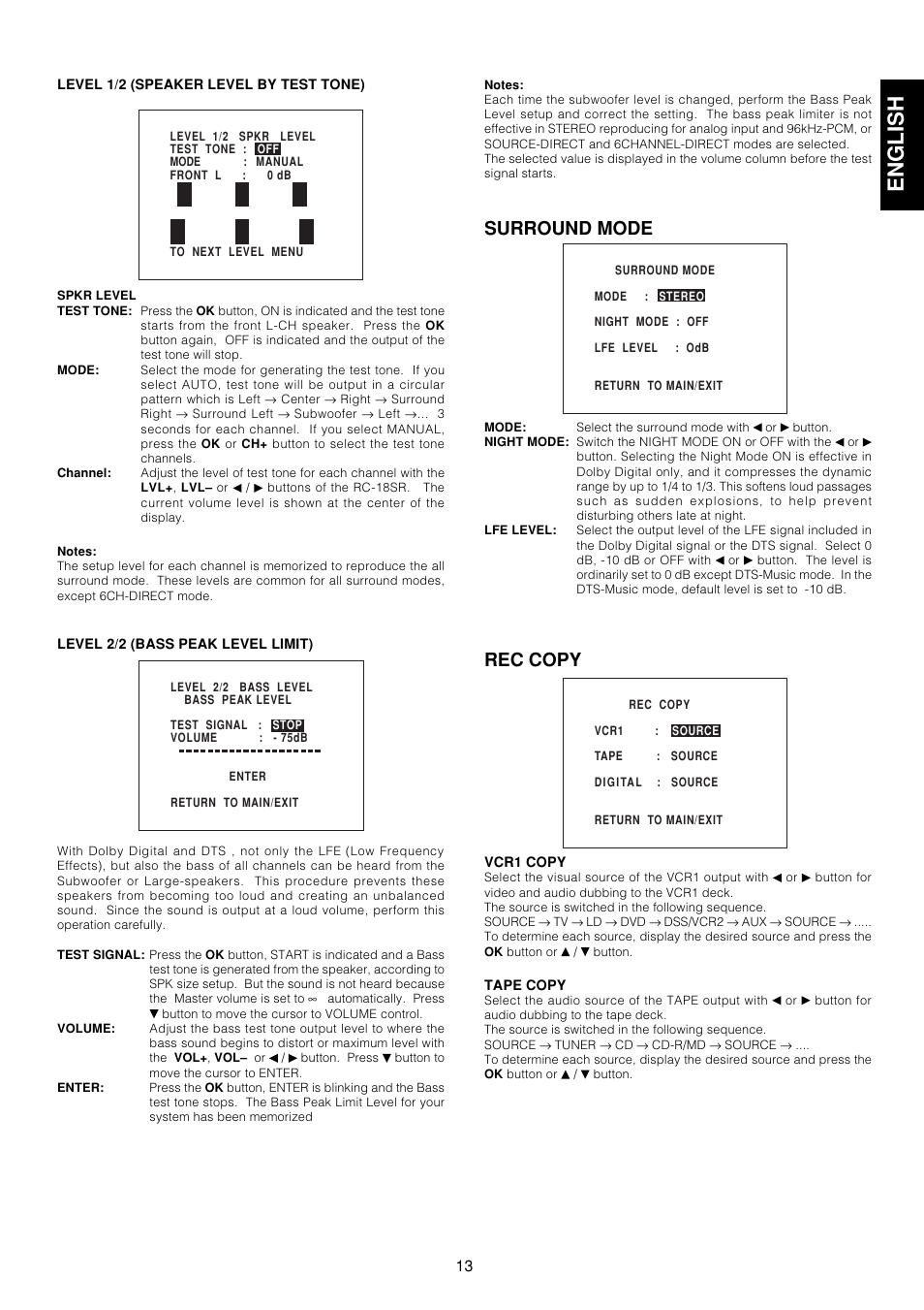 English, Surround mode, Rec copy | Marantz AV9000 User Manual | Page 18 / 41