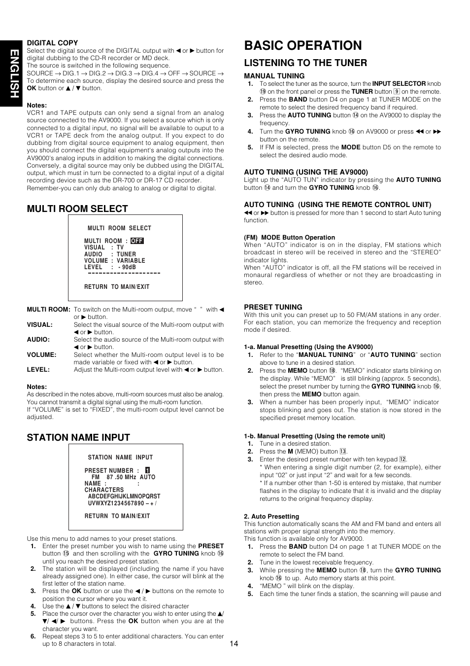 Basic operation, English, Multi room select | Station name input, Listening to the tuner | Marantz AV9000 User Manual | Page 19 / 41