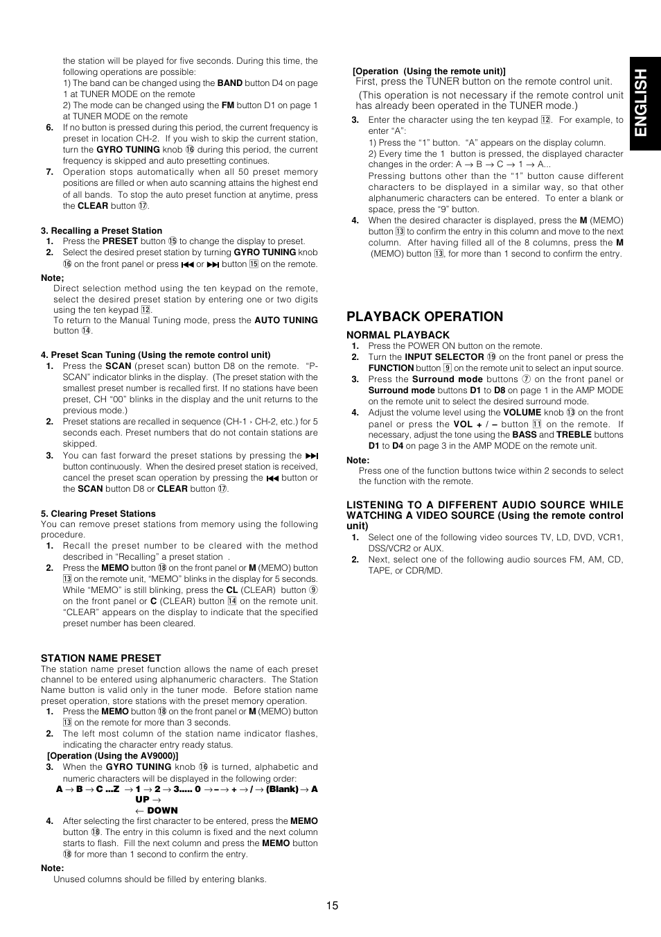 English, Playback operation | Marantz AV9000 User Manual | Page 20 / 41