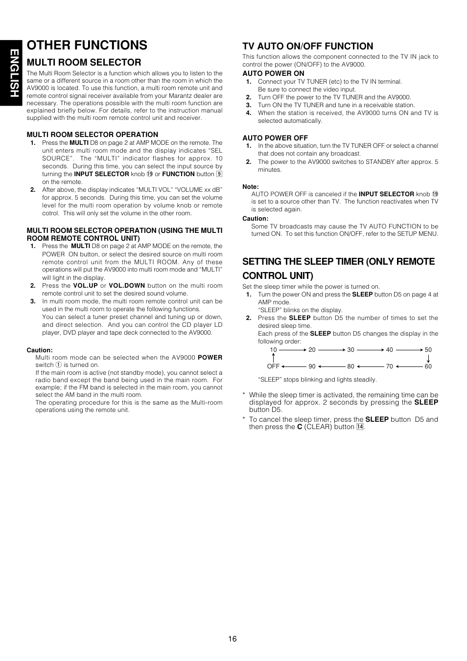 Other functions, English, Multi room selector | Tv auto on/off function, Setting the sleep timer (only remote control unit) | Marantz AV9000 User Manual | Page 21 / 41