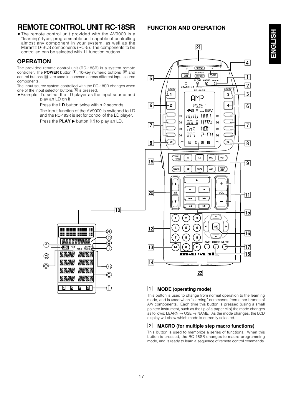 Remote control unit rc-18sr, English, Function and operation z | Operation, Mode (operating mode), Macro (for multiple step macro functions) | Marantz AV9000 User Manual | Page 22 / 41