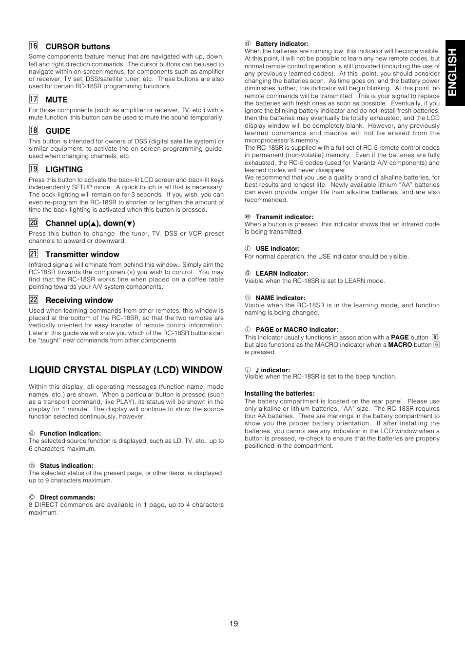 English, Liquid crystal display (lcd) window | Marantz AV9000 User Manual | Page 24 / 41