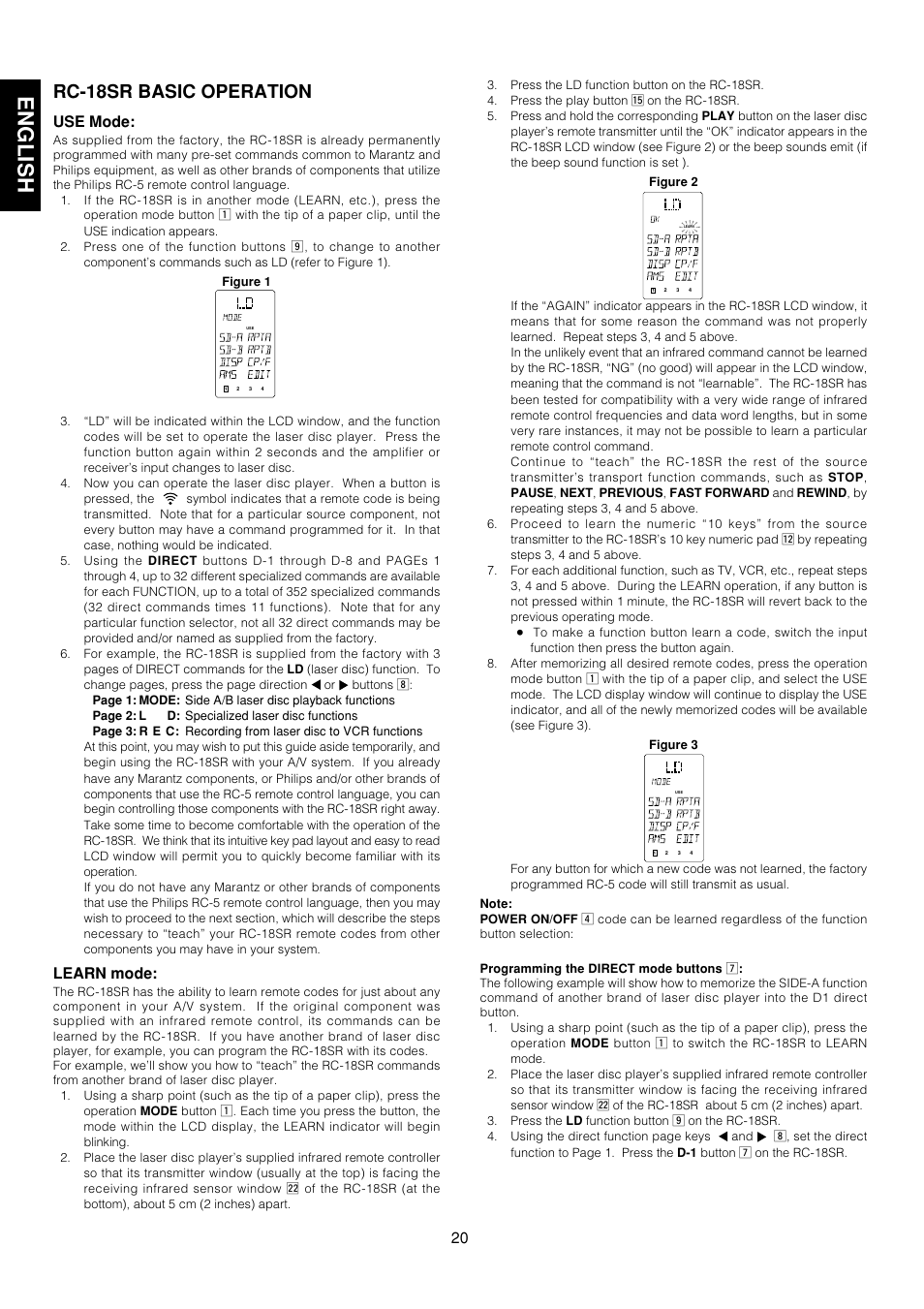 English, Rc-18sr basic operation, Use mode | Learn mode | Marantz AV9000 User Manual | Page 25 / 41