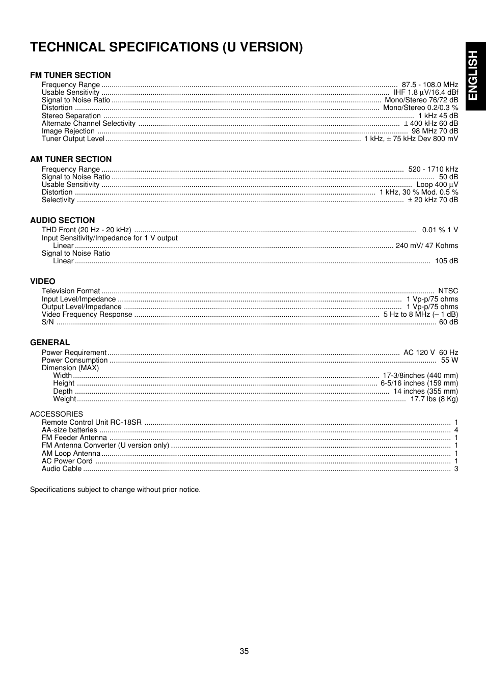 Technical specifications (u version), English | Marantz AV9000 User Manual | Page 40 / 41