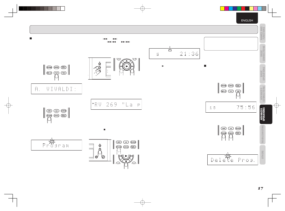 Display off mp3/wm by, Phones + - level, Advanced operations –audio cd | 7 program play in the text display mode, 7 delete program play in the time display mode | Marantz CD5003 User Manual | Page 20 / 38