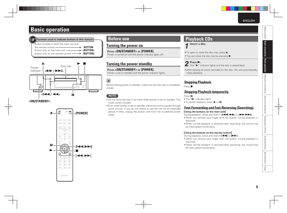 Basic operation, Before use, Playback cds | Turning the power on, Turning the power standby | Marantz CD5004 User Manual | Page 12 / 29