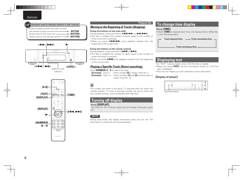 Turning off display, Displaying text | Marantz CD5004 User Manual | Page 13 / 29