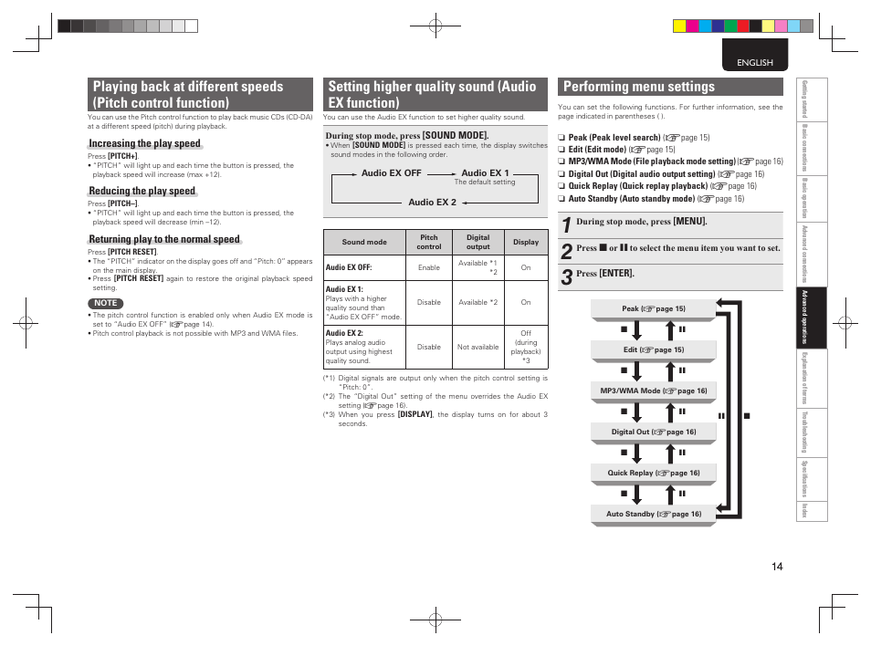 Setting higher quality sound (audio ex function), Performing menu settings | Marantz CD5004 User Manual | Page 18 / 29