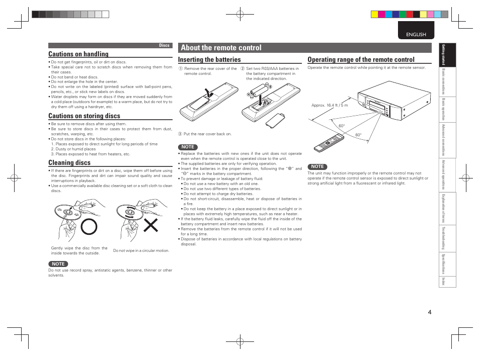 About the remote control, Cautions on handling, Cautions on storing discs | Cleaning discs, Inserting the batteries, Operating range of the remote control | Marantz CD5004 User Manual | Page 7 / 29