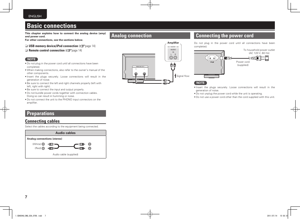 Basic connections, Preparations, Analog connection | Connecting the power cord, Connecting cables | Marantz CD6004 User Manual | Page 10 / 36