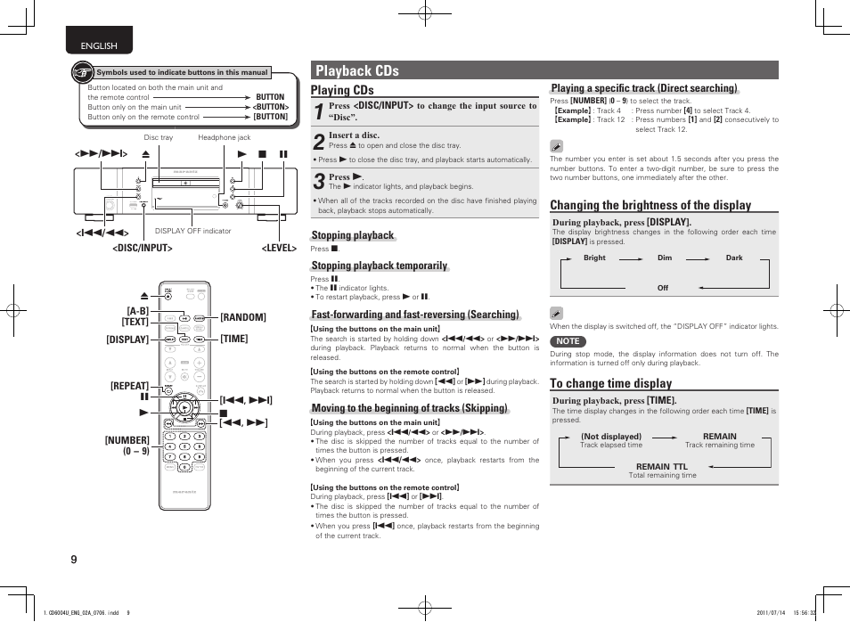 Playback cds, Changing the brightness of the display, Playing cds | Marantz CD6004 User Manual | Page 12 / 36