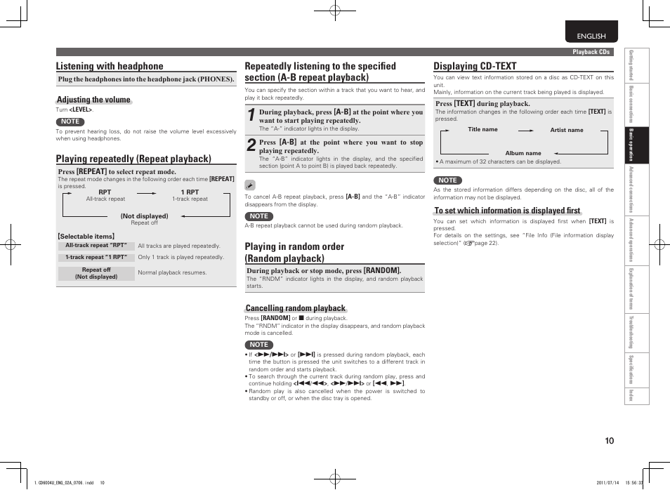 Listening with headphone, Playing repeatedly (repeat playback), Playing in random order (random playback) | Displaying cd-text | Marantz CD6004 User Manual | Page 13 / 36