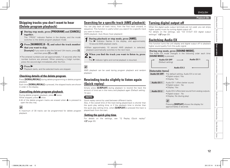 Searching for a specific track (ams playback), Turning digital output off, Switching audio ex | Marantz CD6004 User Manual | Page 15 / 36