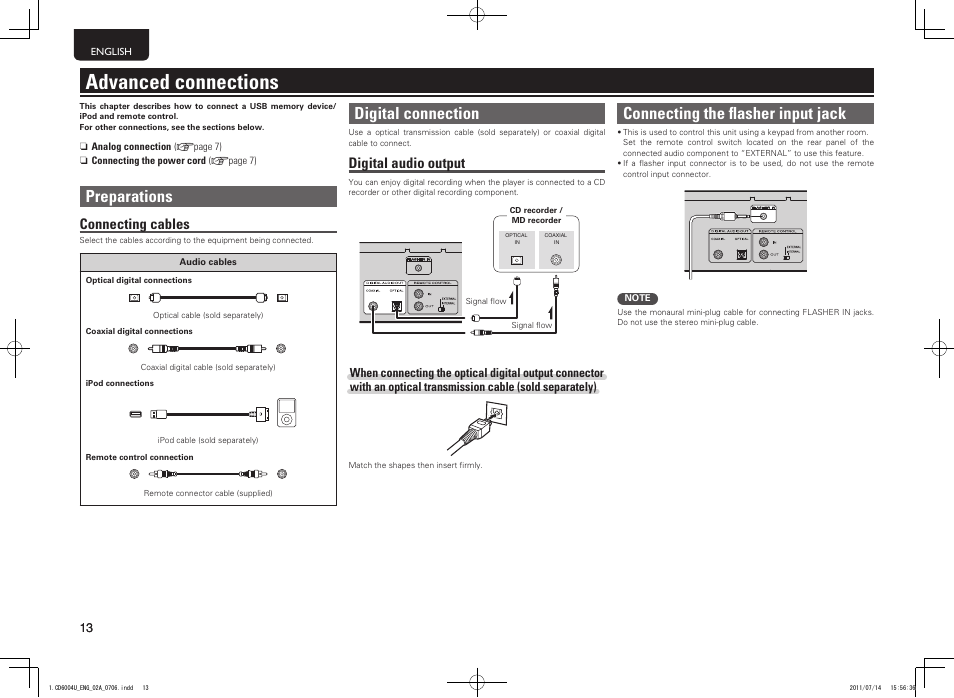 Advanced connections, Connecting the flasher input jack, Preparations | Digital connection, Digital audio output, Connecting cables | Marantz CD6004 User Manual | Page 16 / 36