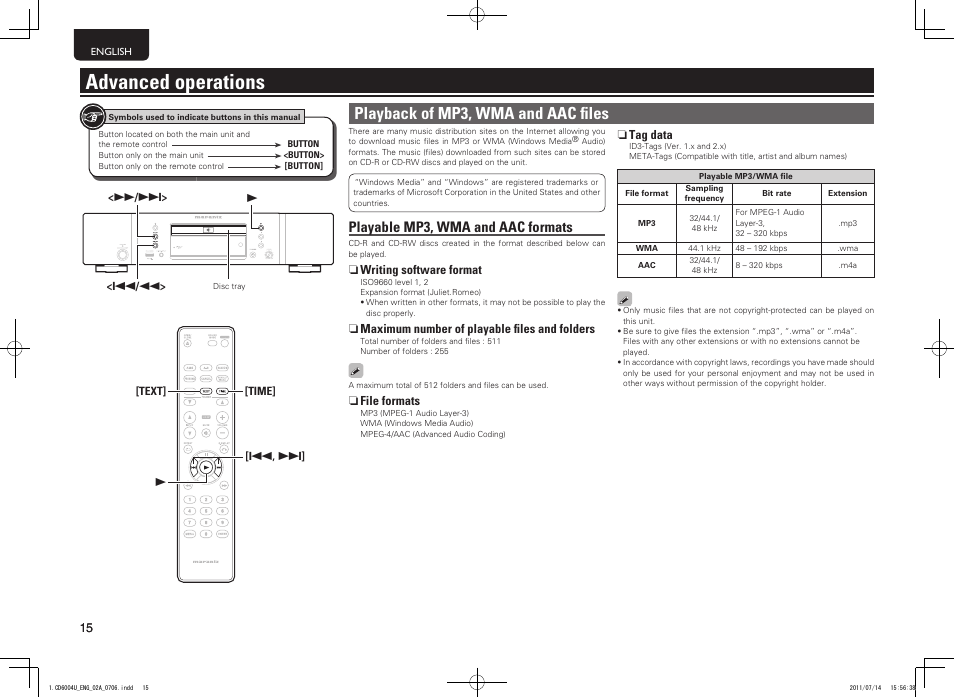 Advanced operations, Playback of mp3, wma and aac fi les, Playable mp3, wma and aac formats | Marantz CD6004 User Manual | Page 18 / 36