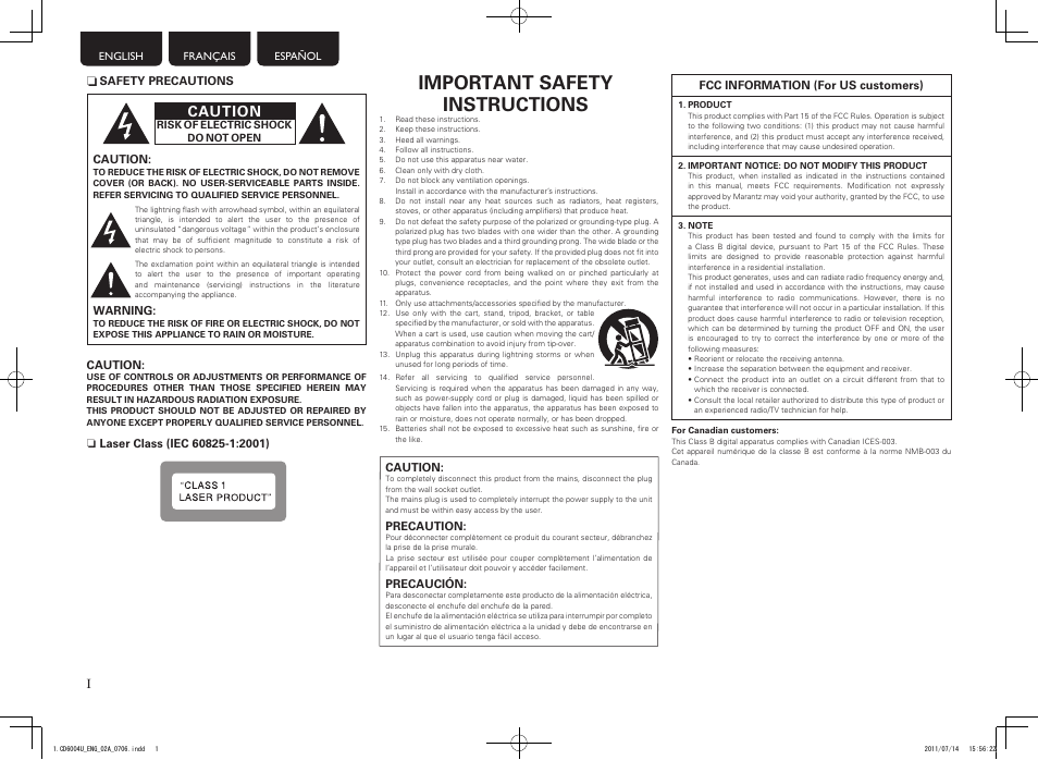 Important safety instructions, Caution | Marantz CD6004 User Manual | Page 2 / 36