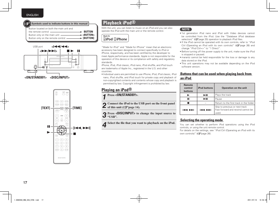 Playback ipod, Playing an ipod | Marantz CD6004 User Manual | Page 20 / 36