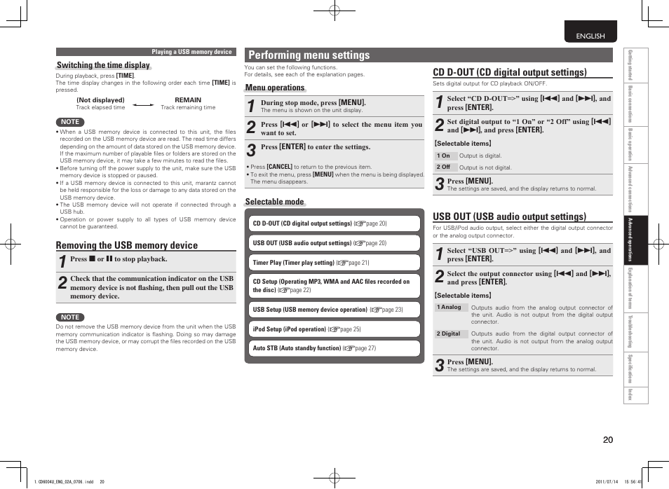 Performing menu settings, Cd d-out (cd digital output settings), Usb out (usb audio output settings) | Marantz CD6004 User Manual | Page 23 / 36