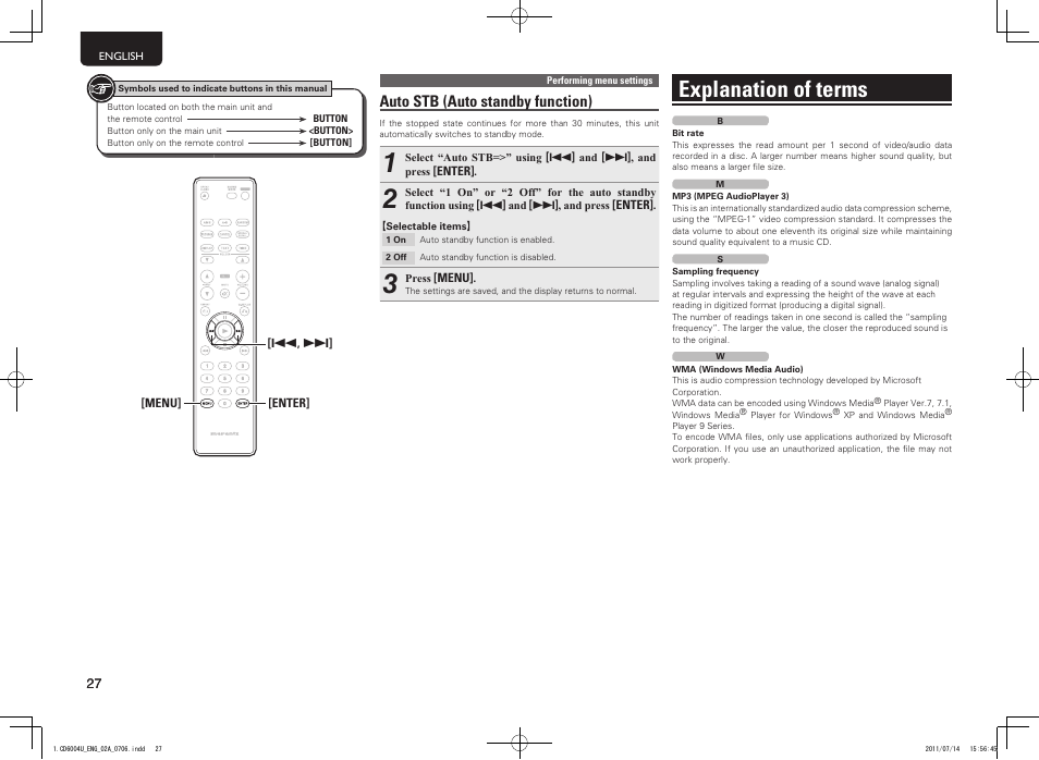 Explanation of terms, Auto stb (auto standby function) | Marantz CD6004 User Manual | Page 30 / 36