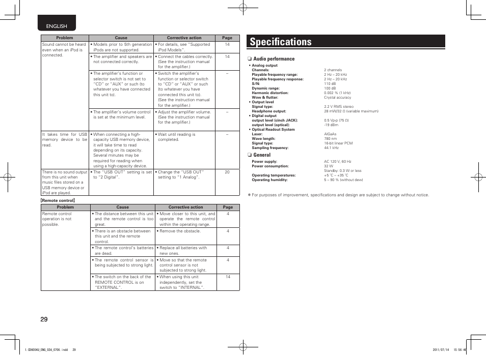 Specifications | Marantz CD6004 User Manual | Page 32 / 36
