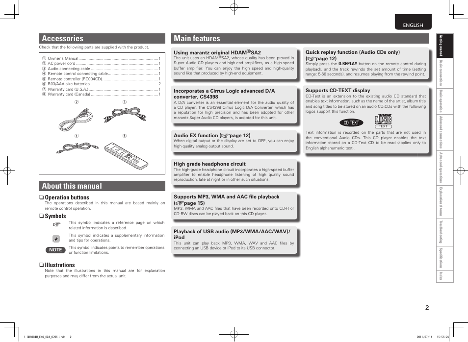 Main features, Accessories, About this manual | Marantz CD6004 User Manual | Page 5 / 36