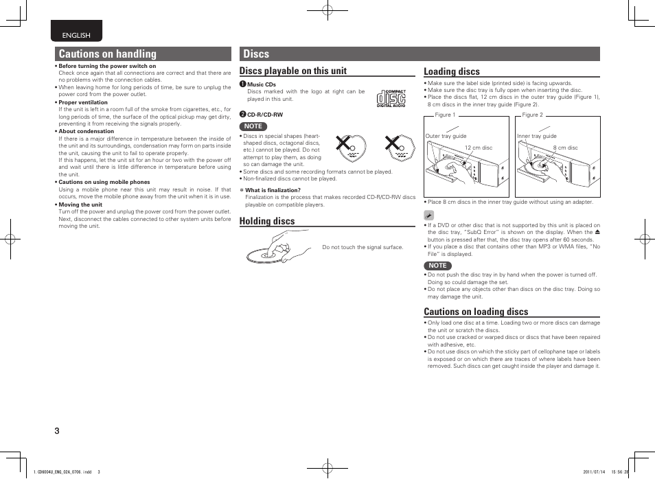 Discs, Cautions on handling, Discs playable on this unit | Holding discs, Loading discs, Cautions on loading discs | Marantz CD6004 User Manual | Page 6 / 36