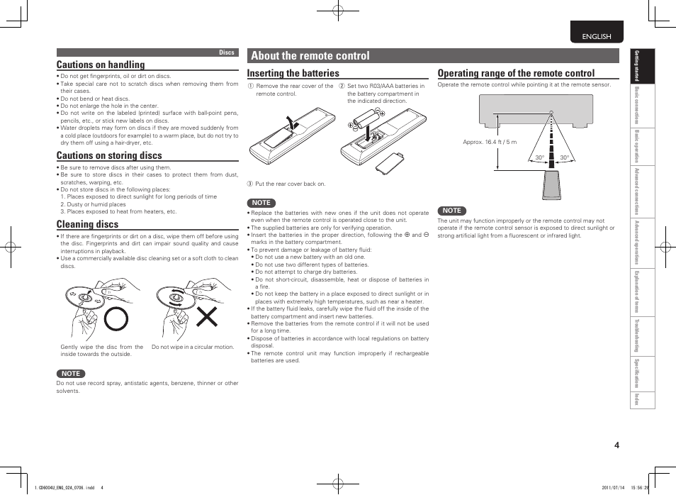 About the remote control, Cautions on handling, Cautions on storing discs | Cleaning discs, Inserting the batteries, Operating range of the remote control | Marantz CD6004 User Manual | Page 7 / 36