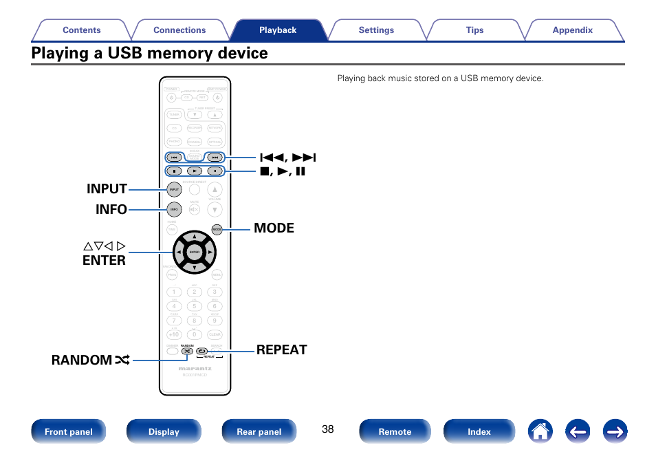 Playing a usb memory device, Mode input info, Enter random repeat | Uio p | Marantz CD6005 User Manual | Page 38 / 64