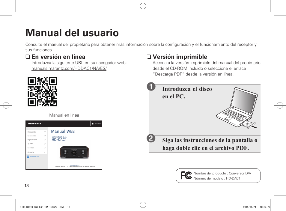 Manual del usuario, N versión imprimible, N en versión en línea | Marantz HD-DAC1 Quick Start User Manual | Page 14 / 16