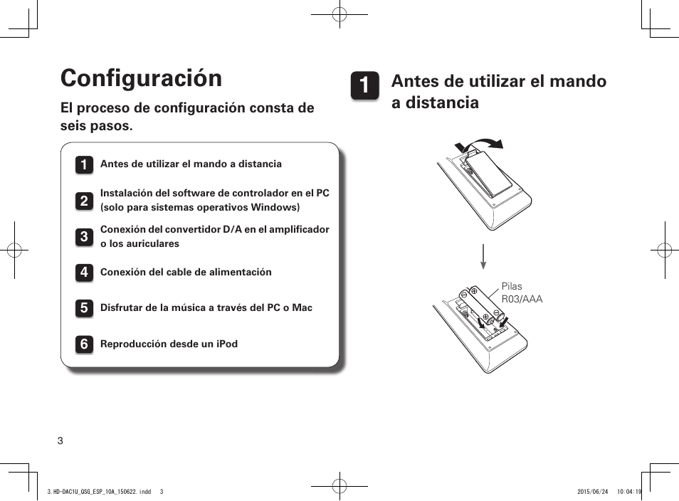 Conﬁ guración, Antes de utilizar el mando a distancia | Marantz HD-DAC1 Quick Start User Manual | Page 4 / 16