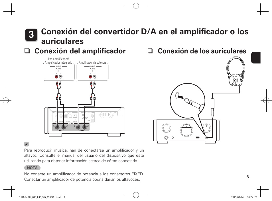 N conexión del ampliﬁ cador, N conexión de los auriculares, Printing color : black | Nota | Marantz HD-DAC1 Quick Start User Manual | Page 7 / 16