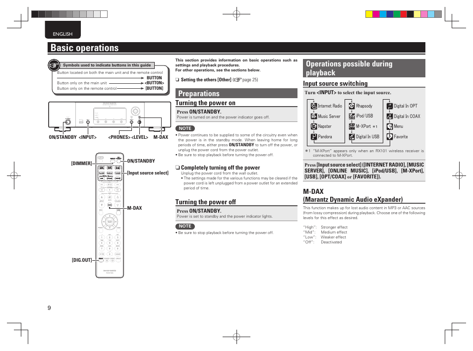 Basic operations, Operations possible during playback, Preparations | Input source switching, M-dax (marantz dynamic audio expander), Turning the power on, Turning the power off | Marantz NA7004 User Manual | Page 12 / 40