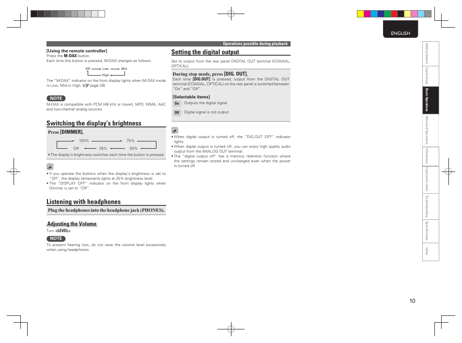 Switching the display’s brightness, Listening with headphones, Setting the digital output | Adjusting the volume | Marantz NA7004 User Manual | Page 13 / 40