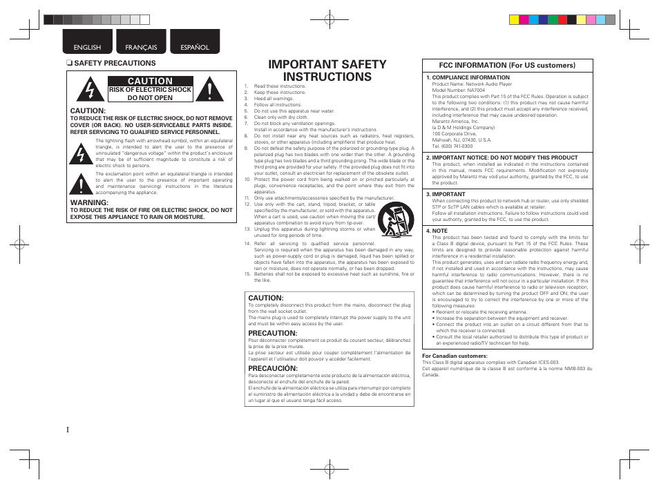 Important safety instructions, Caution | Marantz NA7004 User Manual | Page 2 / 40