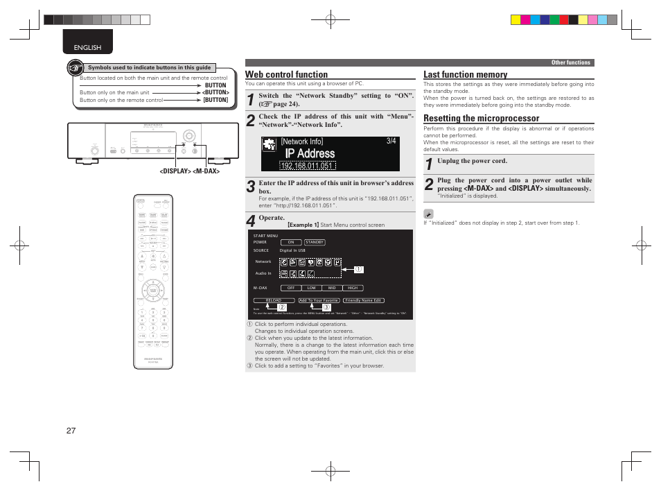 Ip address, Web control function, Resetting the microprocessor | Marantz NA7004 User Manual | Page 30 / 40