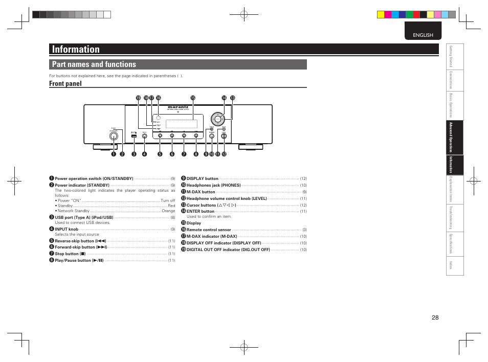 Information, Part names and functions, Front panel | Marantz NA7004 User Manual | Page 31 / 40