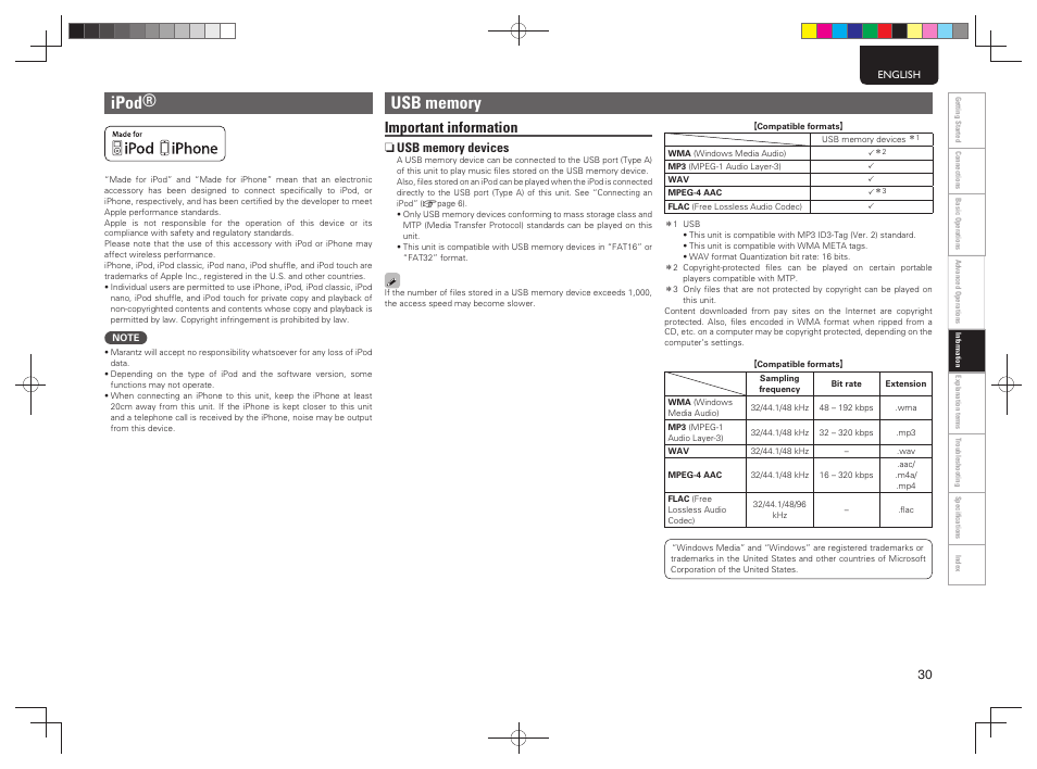 Ipod, Important information | Marantz NA7004 User Manual | Page 33 / 40