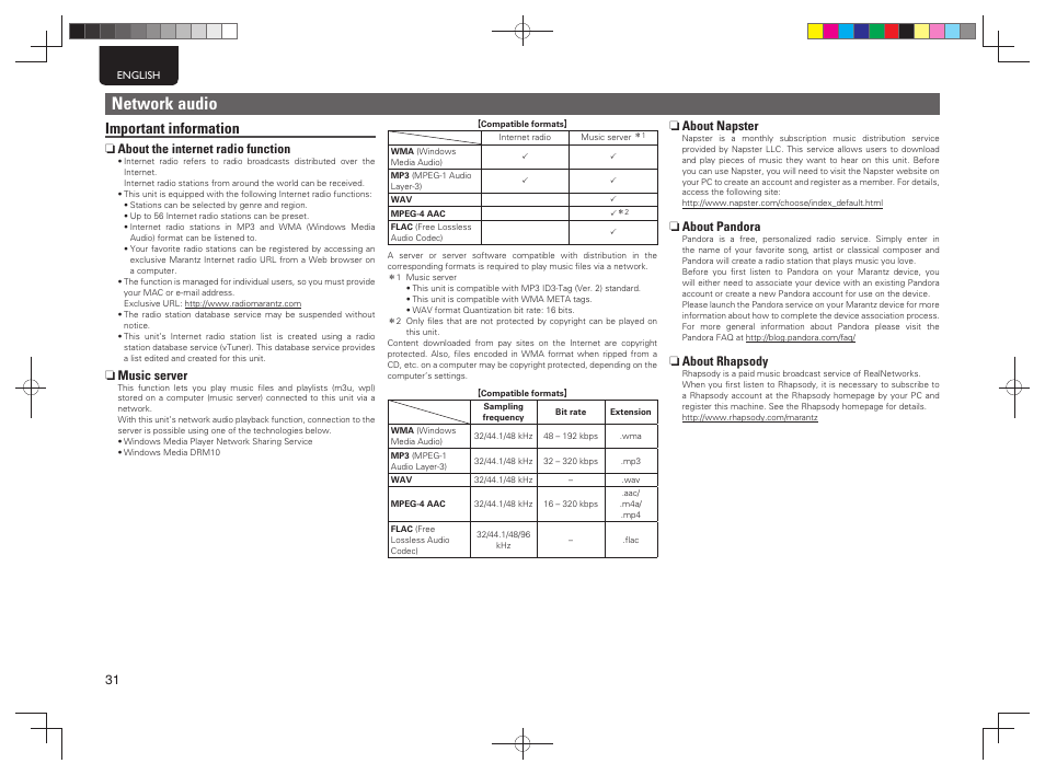 Network audio, Important information | Marantz NA7004 User Manual | Page 34 / 40