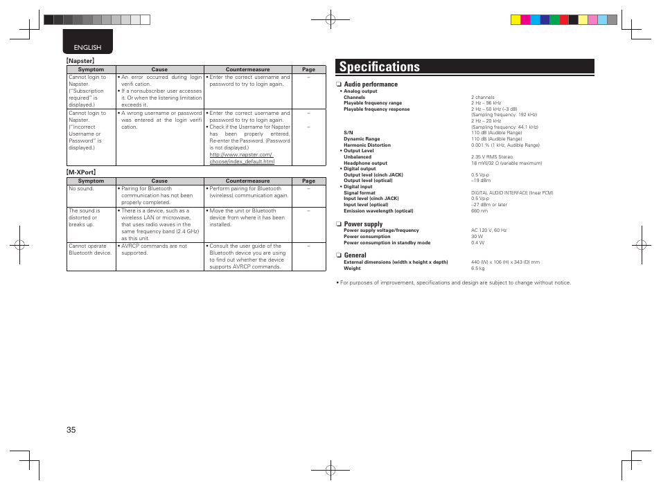 Speciﬁ cations | Marantz NA7004 User Manual | Page 38 / 40