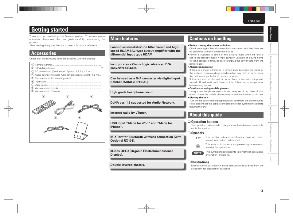 Getting started, Main features, Cautions on handling | About this guide, Accessories | Marantz NA7004 User Manual | Page 5 / 40