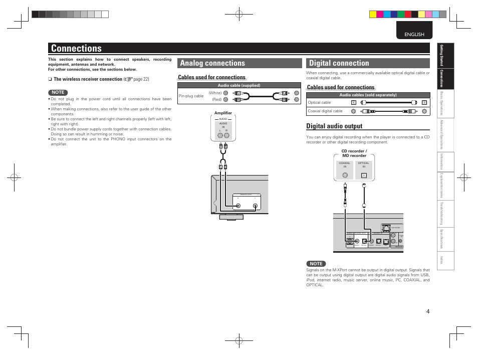 Connections, Analog connections, Digital connection | Digital audio output, Cables used for connections | Marantz NA7004 User Manual | Page 7 / 40