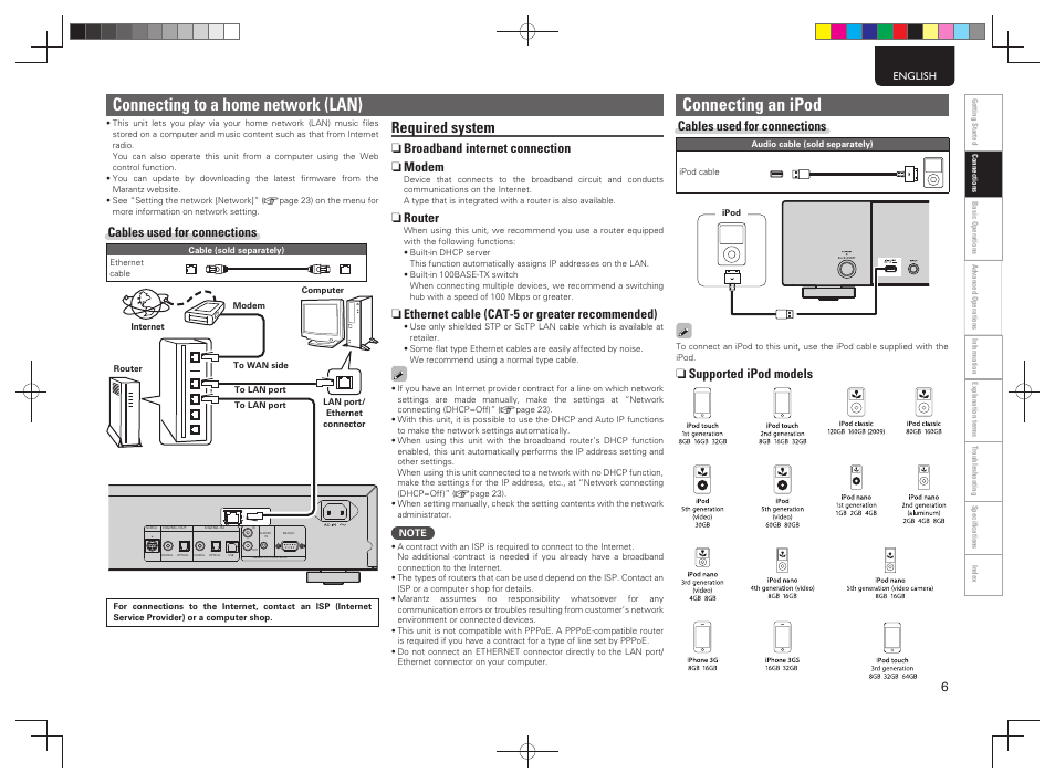 Connecting to a home network (lan), Connecting an ipod, Required system | Cables used for connections, N supported ipod models, N broadband internet connection n modem, N router, N ethernet cable (cat-5 or greater recommended) | Marantz NA7004 User Manual | Page 9 / 40